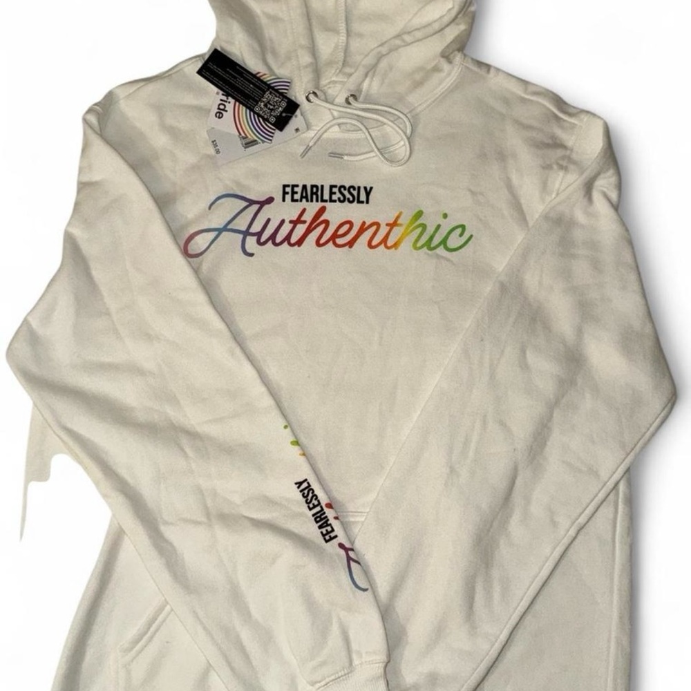 Fearlessly Authentic Pride White Hoodie with Multicolor Text size XL
